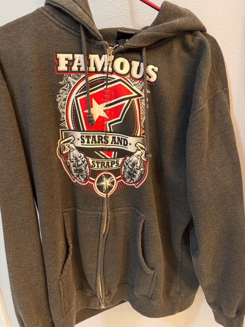 Famous Stars & Straps Black Zip-Up Hoodie with Red and White Logo
